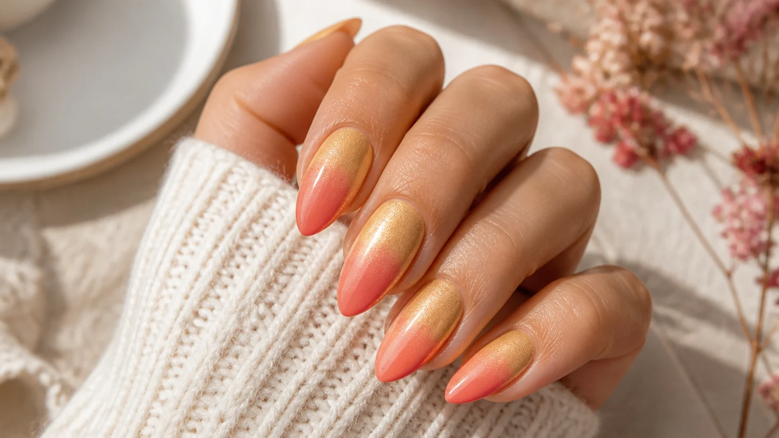 Almond nails with a sunset gradient fading from gold at the cuticle to coral pink at the tip