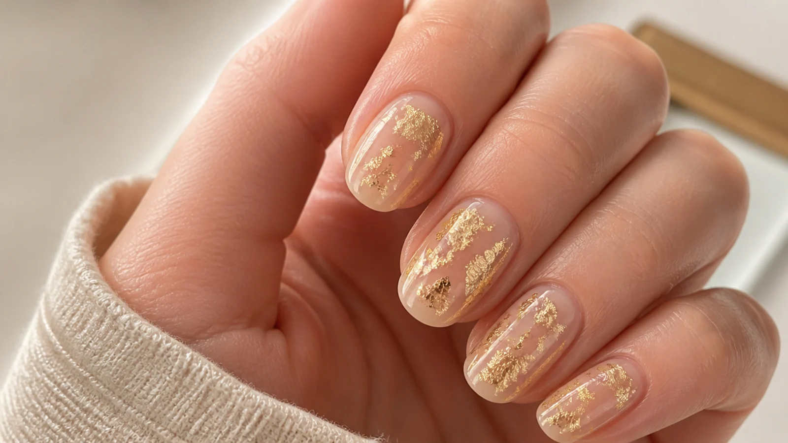Sheer nude nails with torn gold leaf foil fragments sealed under a glossy top coat