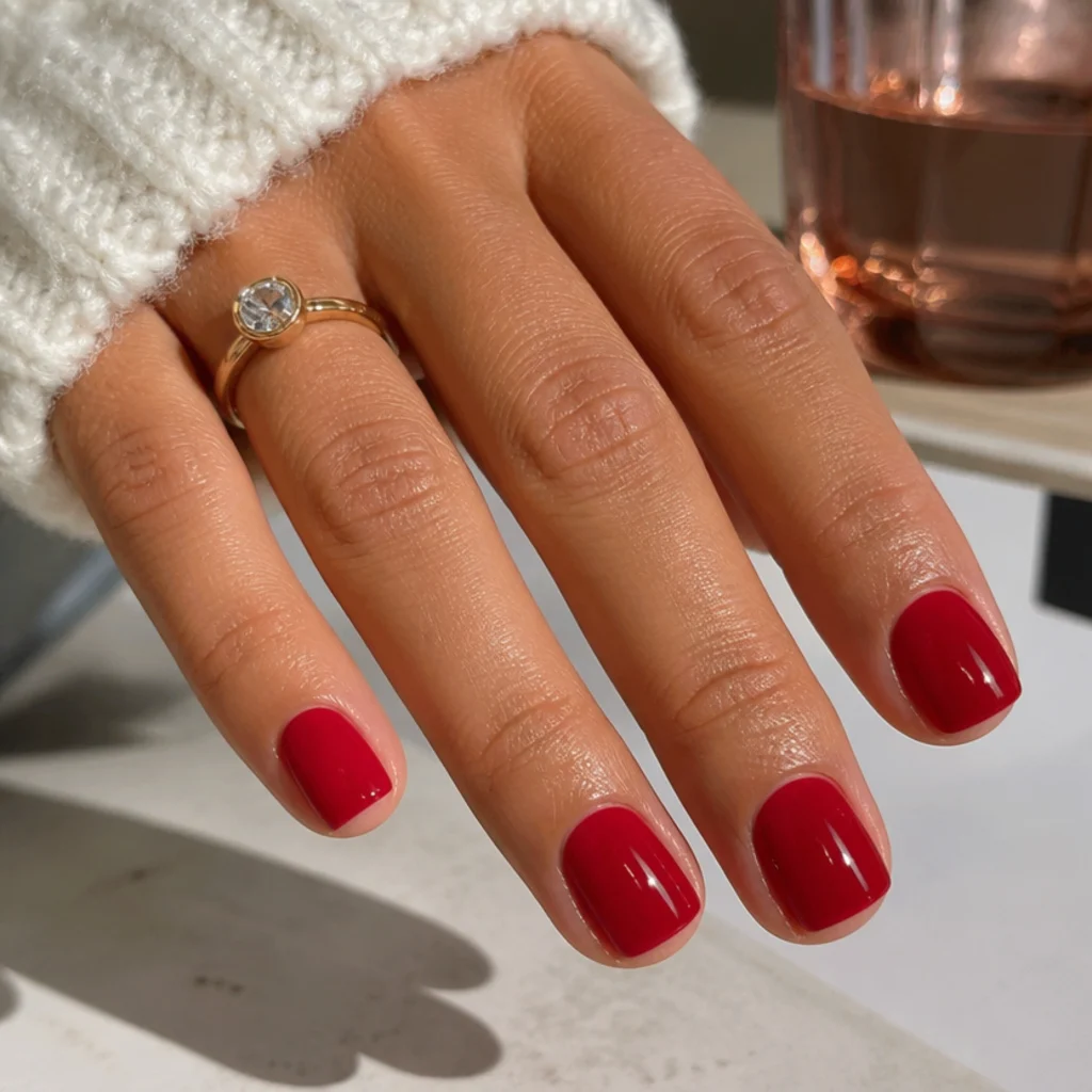Short square nails in glossy blue-based cherry red on tanned hands