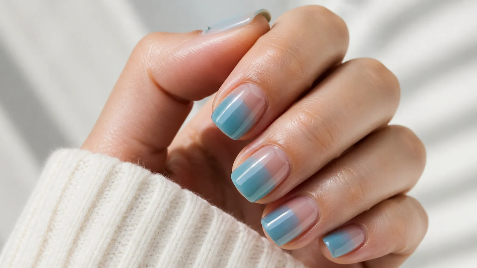 Short square nails in translucent aqua blue jelly with the natural nail visible through the tip