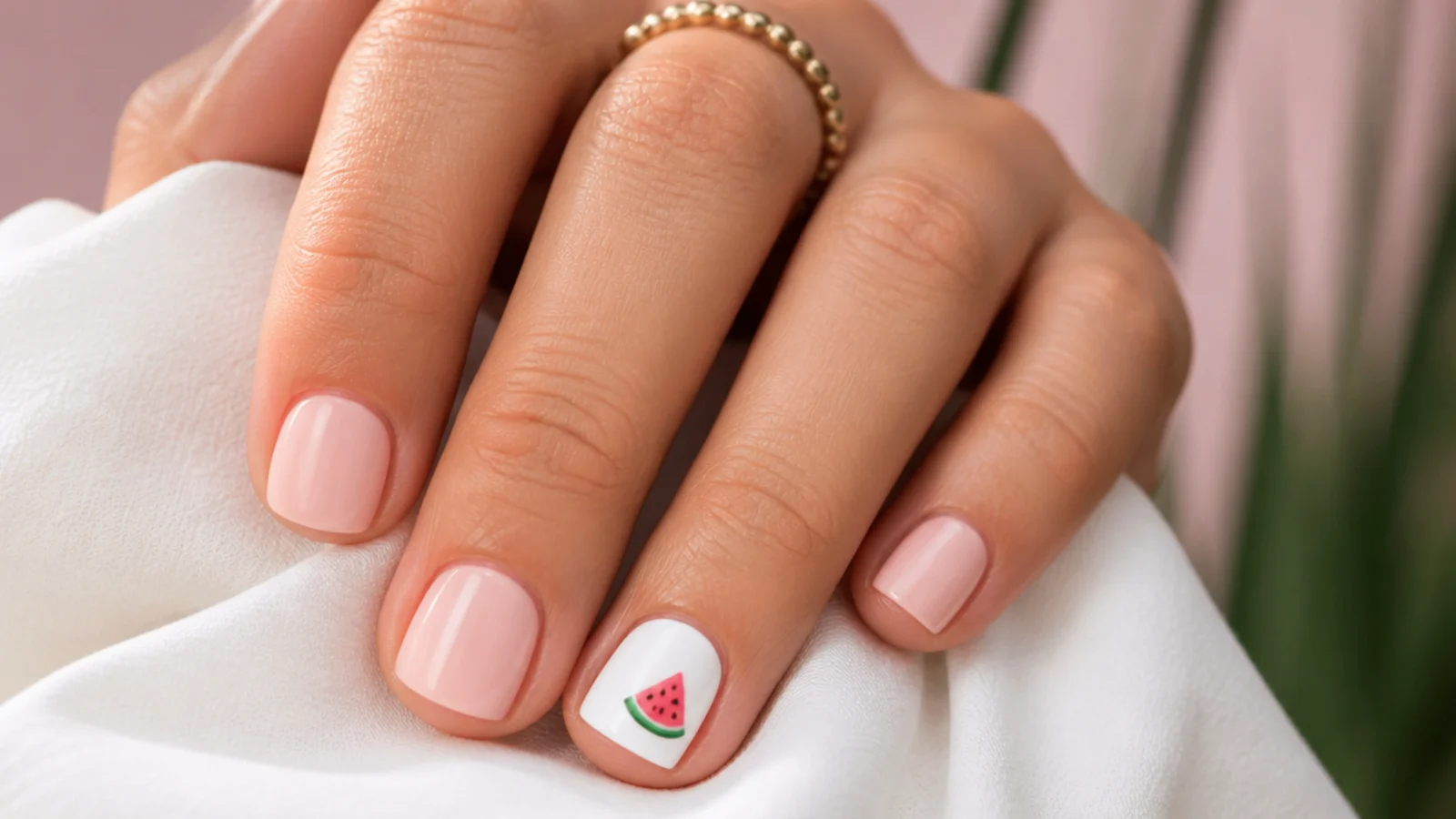 Short nails with a painted watermelon slice on one accent nail over a white base