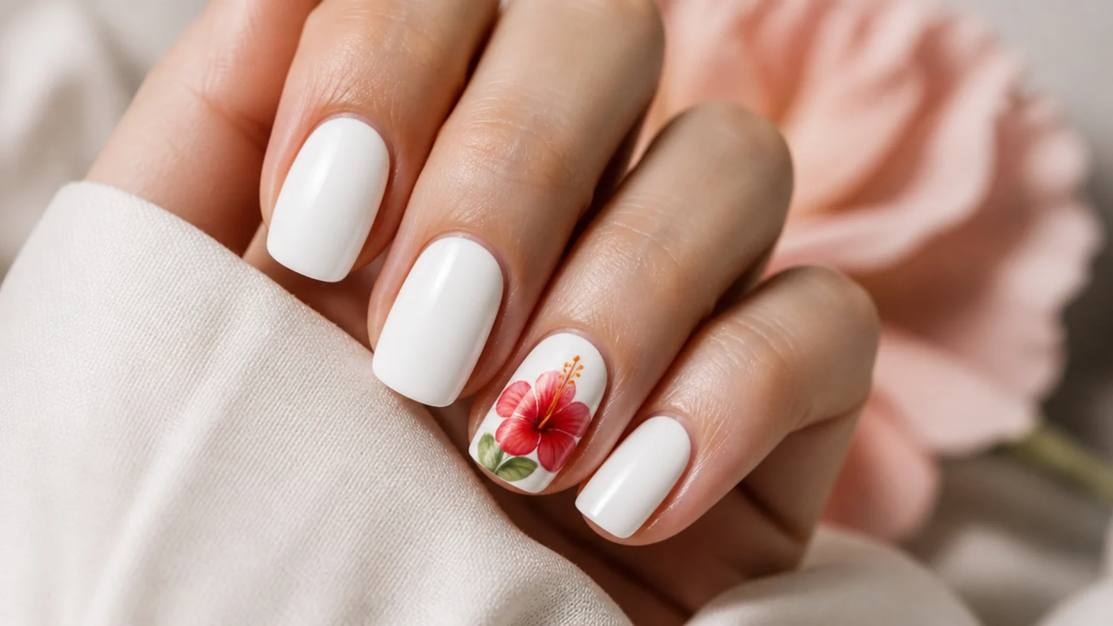 White nails with a hand-painted red hibiscus flower and yellow stamen on an accent nail