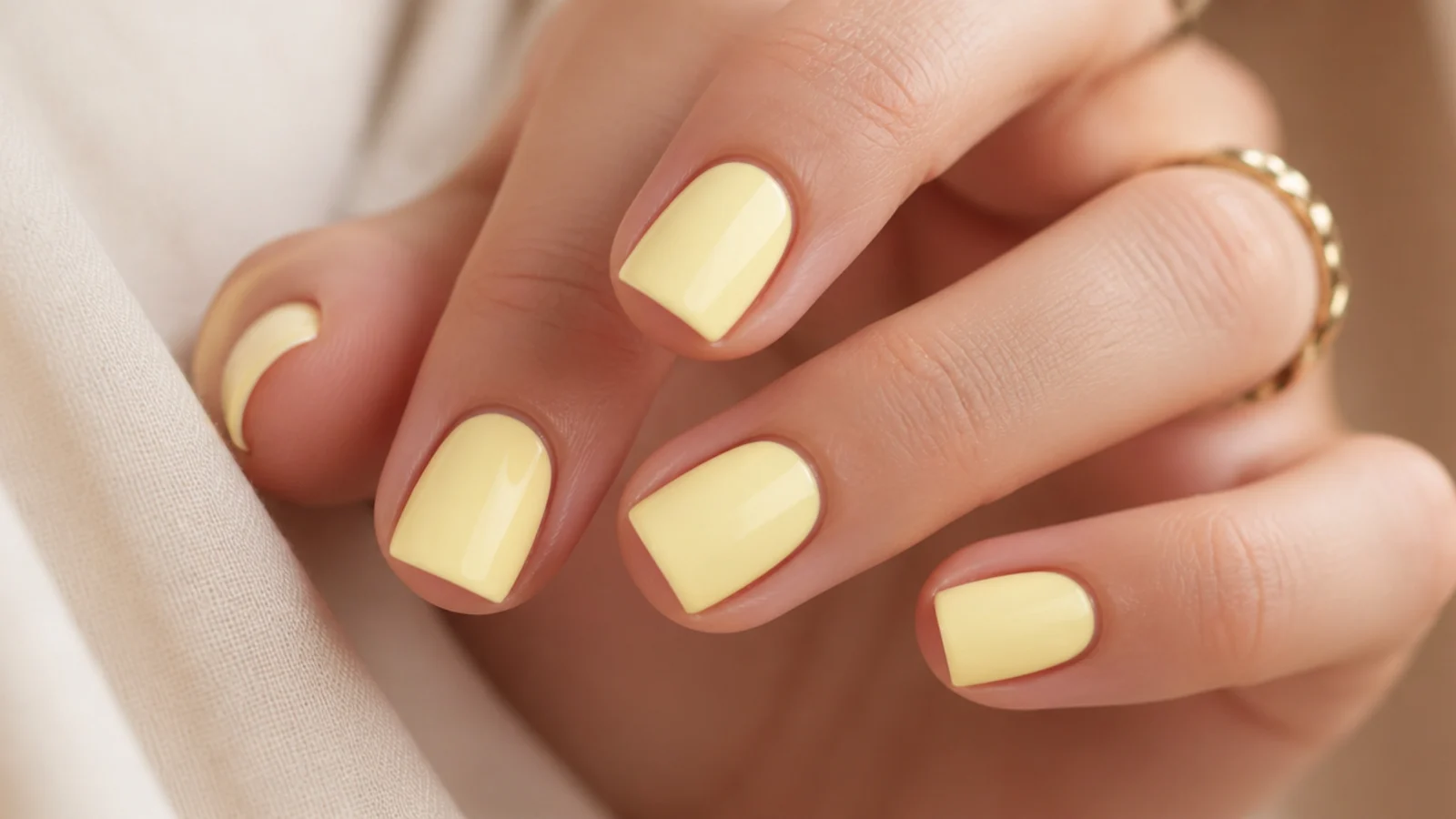 Short square nails in soft butter yellow with a creamy opaque finish