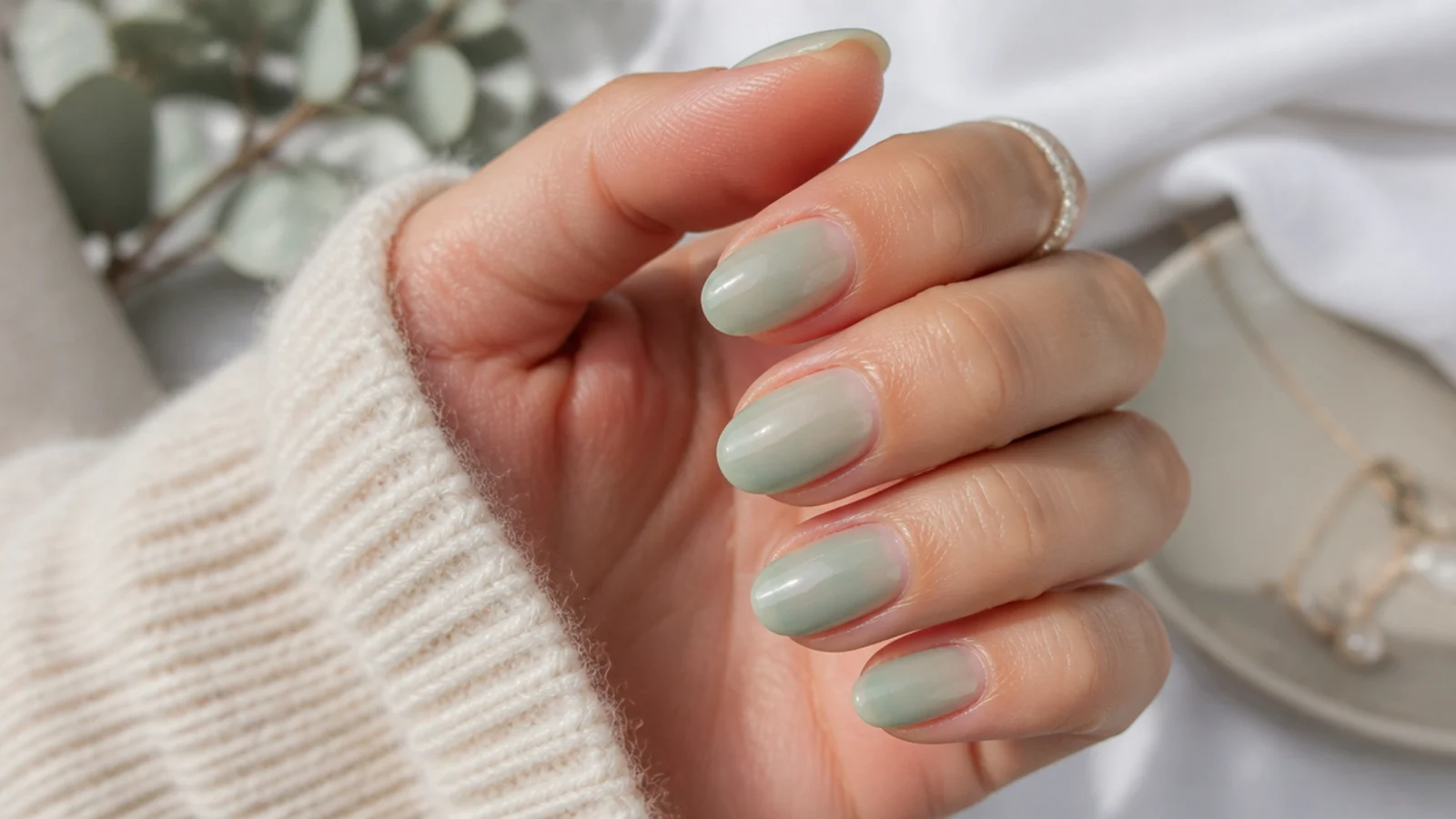 Short almond nails in milky sea glass green with a soft frosted translucent finish