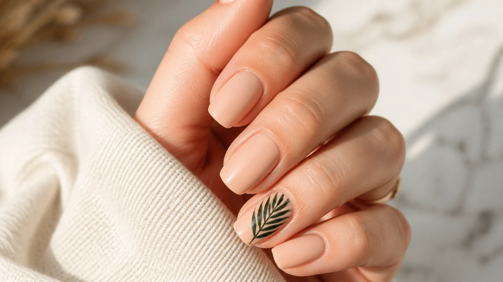 Sheer beige nails with a small dark green palm leaf painted on the accent nail