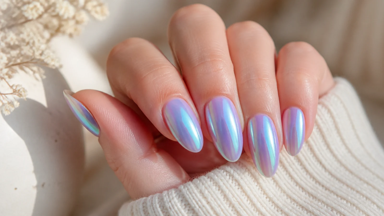 Almond nails in iridescent aurora chrome shifting blue, green and violet in the light