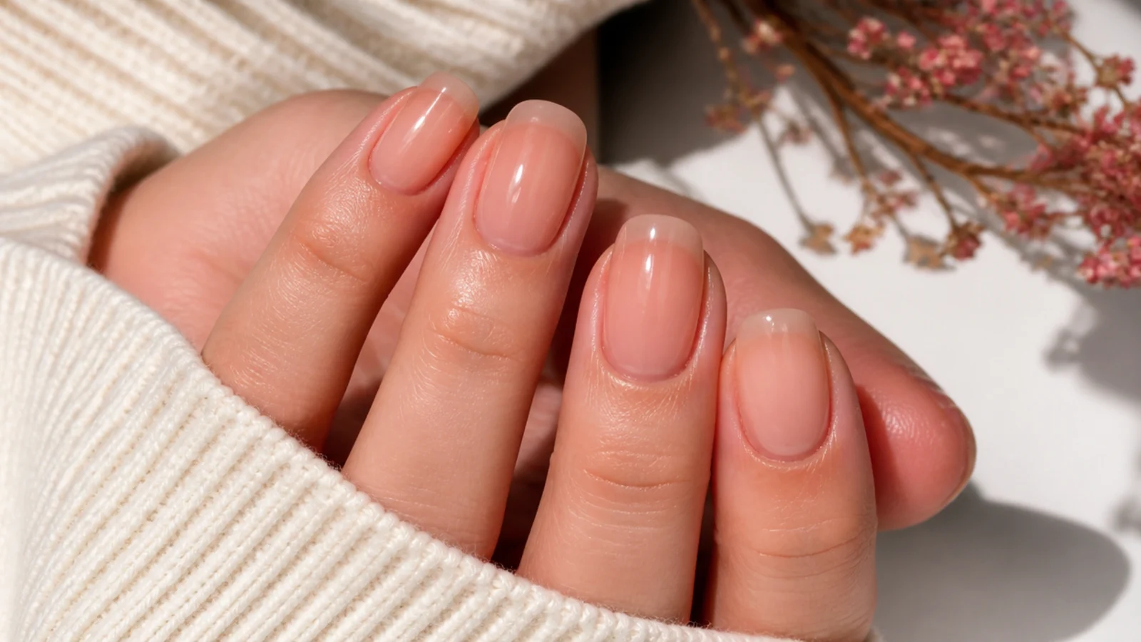 Short almond nails in a sheer peach wash showing the natural nail through a glossy overlay