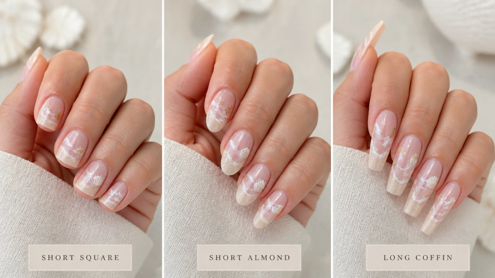 Three hands compared showing short square, short almond and long coffin beach nail sets