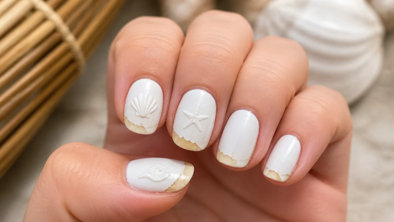 Close-up of a chipped white beach manicure showing yellowing and wear at the free edge