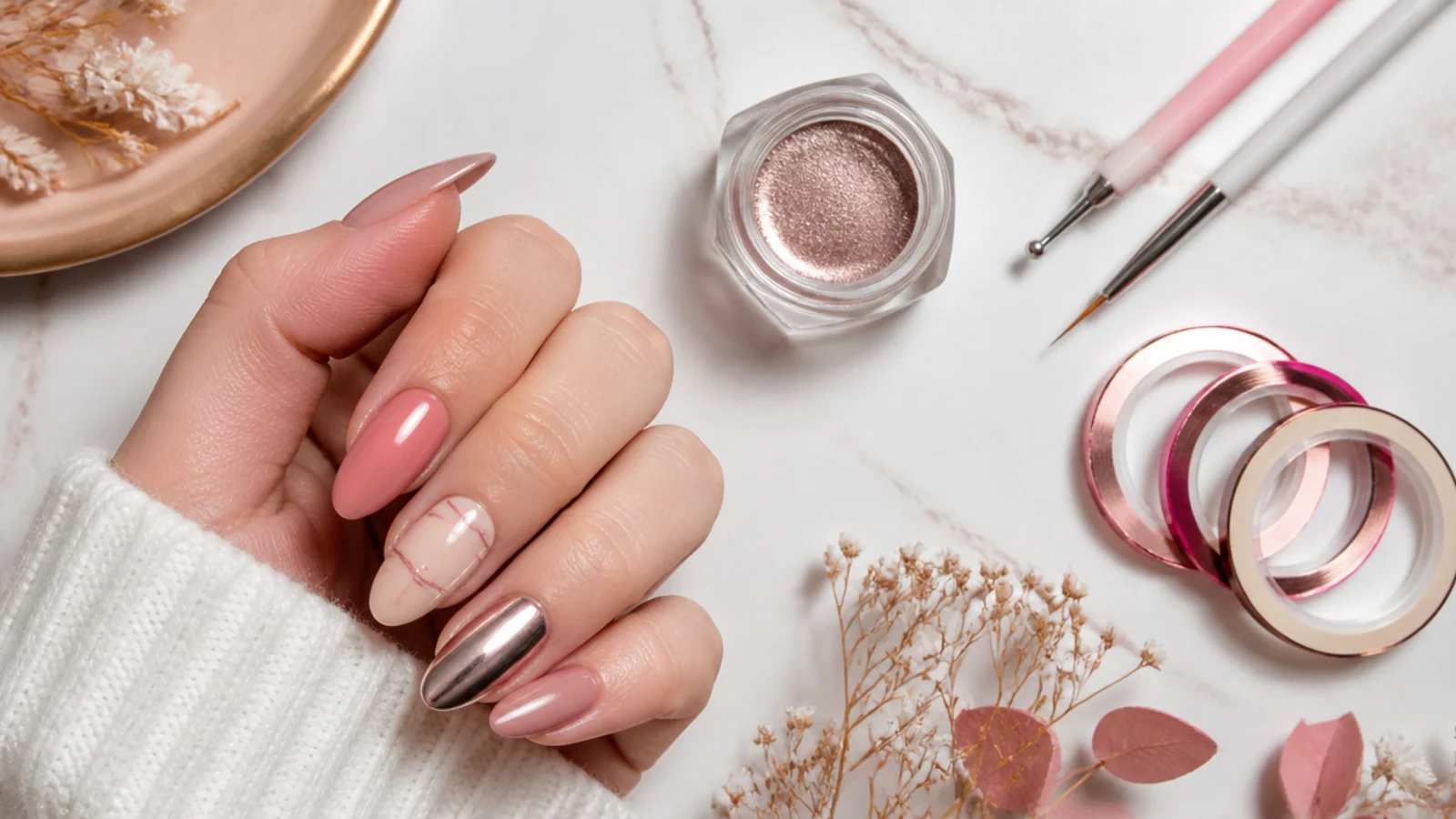 Nail art tools laid out including dotting tool, striping brush, striping tape and chrome powder