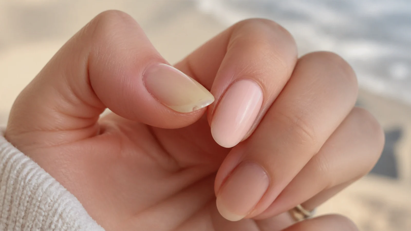 Two beach manicures compared, one yellowed and lifting and one glossy and intact