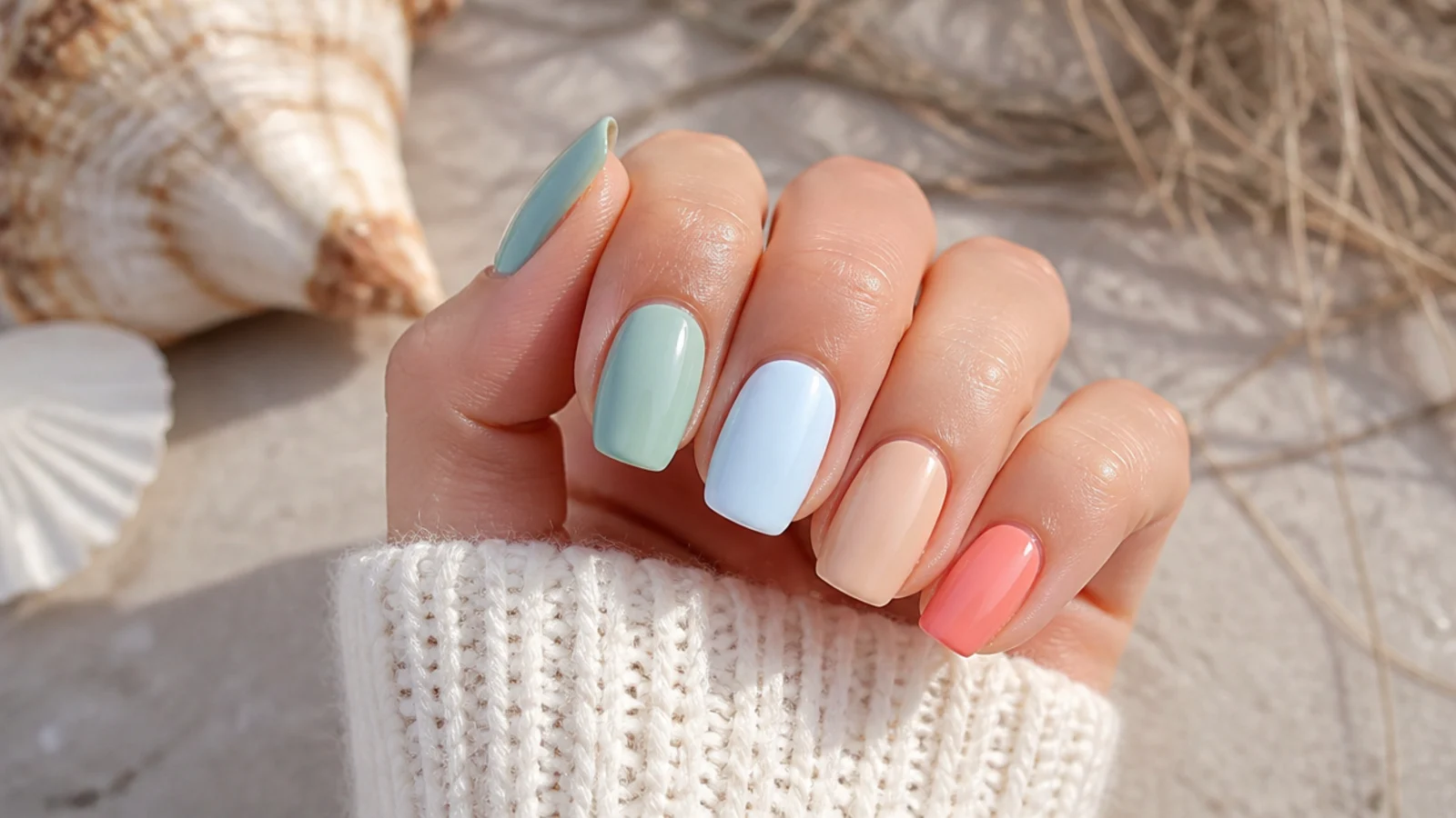 Coastal nail color swatches in sea glass green, sky blue, sand beige, coral and milky white
