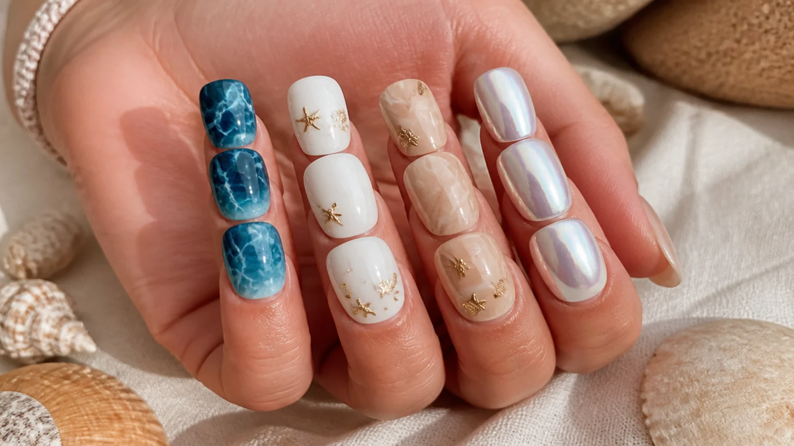Four beach nail sets compared showing ocean blue, milky white, sand nude and pearl chrome