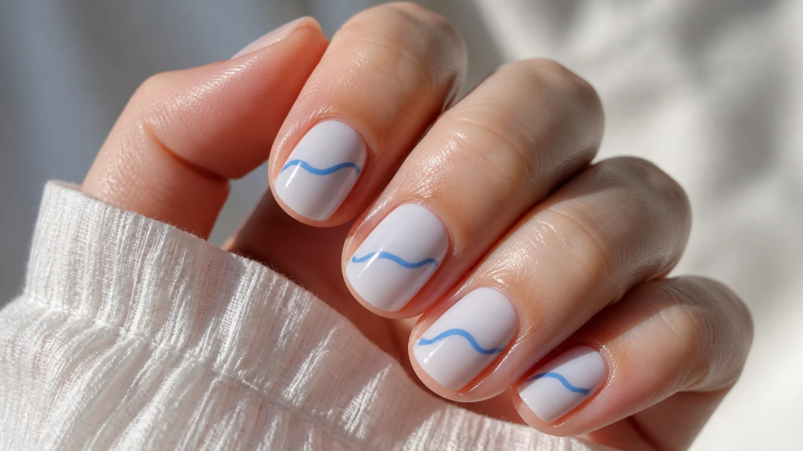 Short milky white nails with a single thin curling blue wave line drawn across each nail