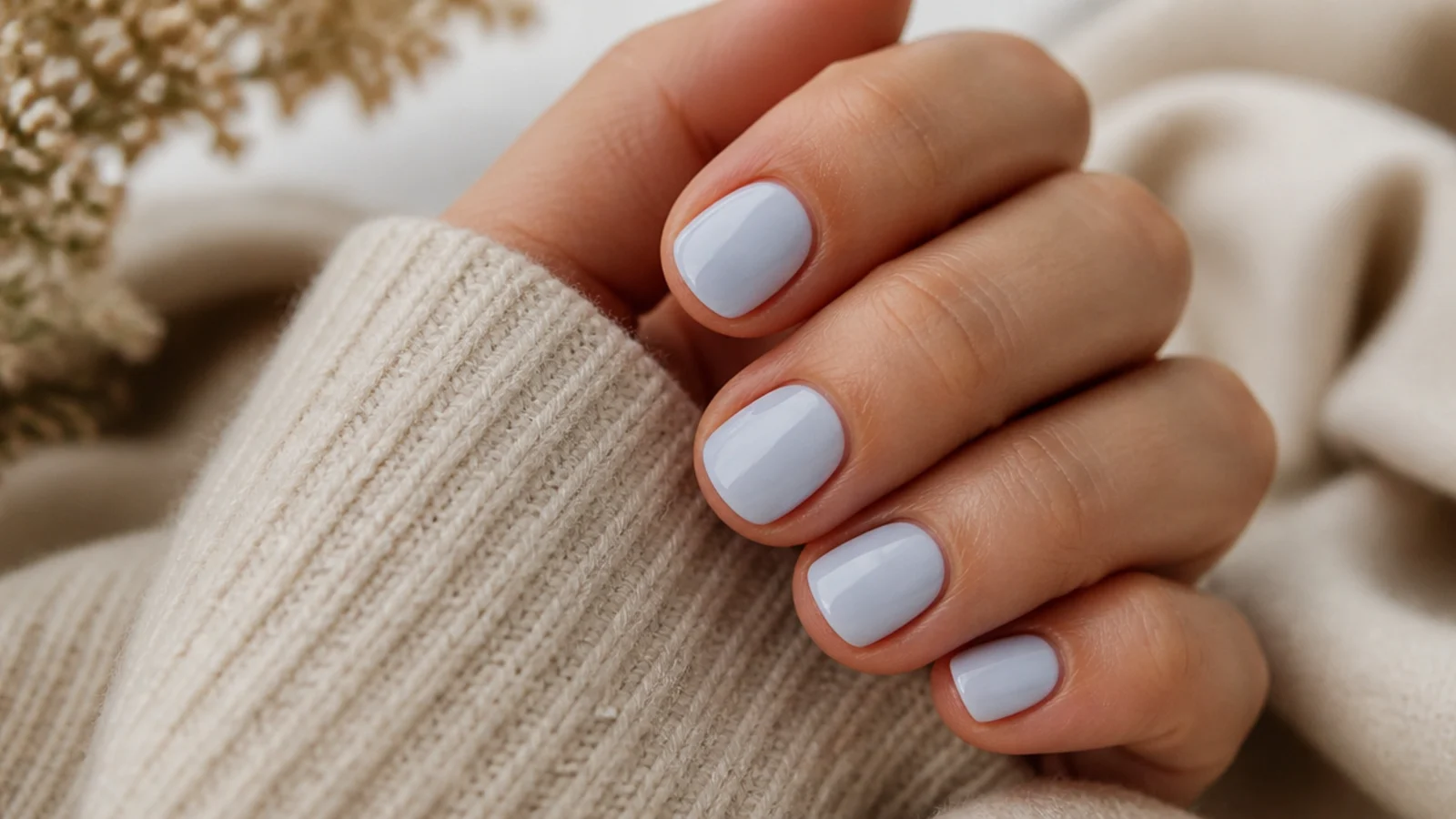Short milky baby blue nails with a soft opaque finish and a clean rounded tip