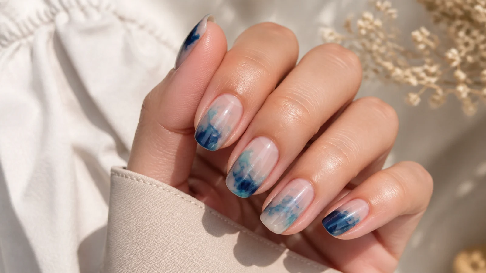 Medium nails with a hazy underwater blur of navy and aqua blooming through a clear overlay