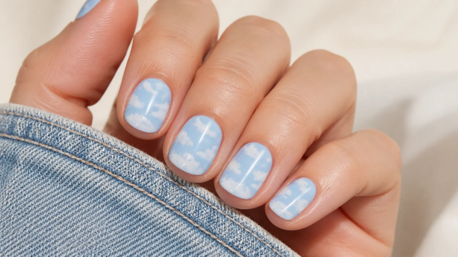 Short sky blue nails with soft white clouds dabbed across each nail with a sponge