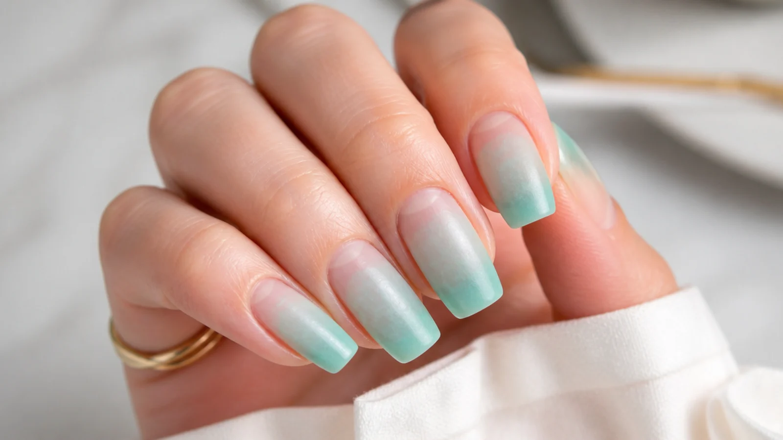 Medium translucent aqua sea glass nails with a frosted tumbled finish and visible natural nail