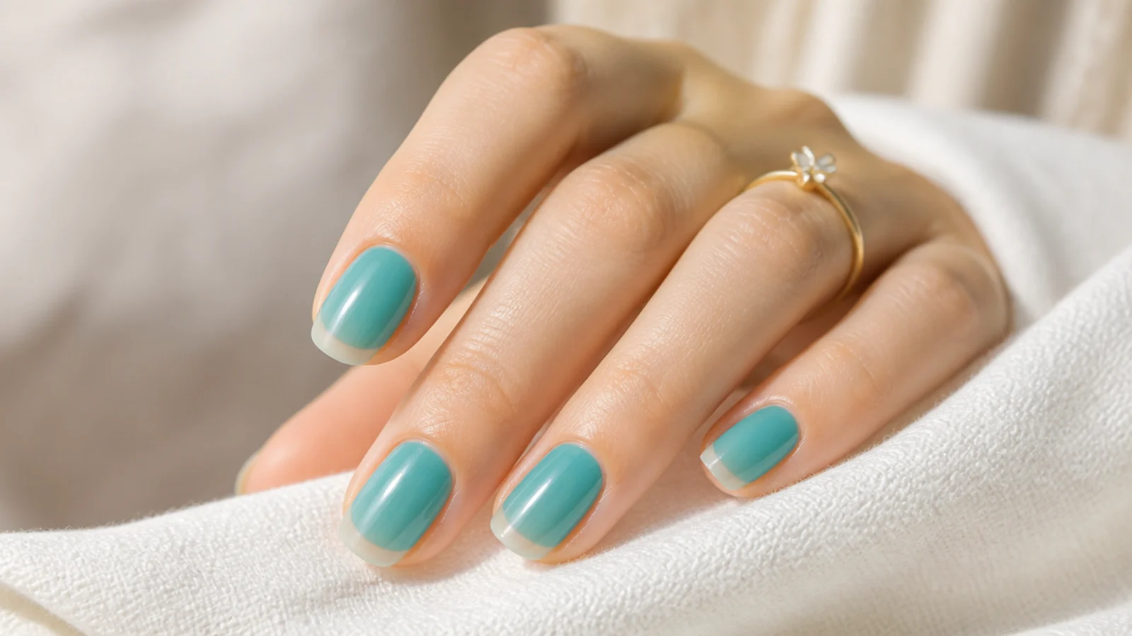 Short turquoise jelly nails in a translucent glossy finish with the natural nail visible at the tip