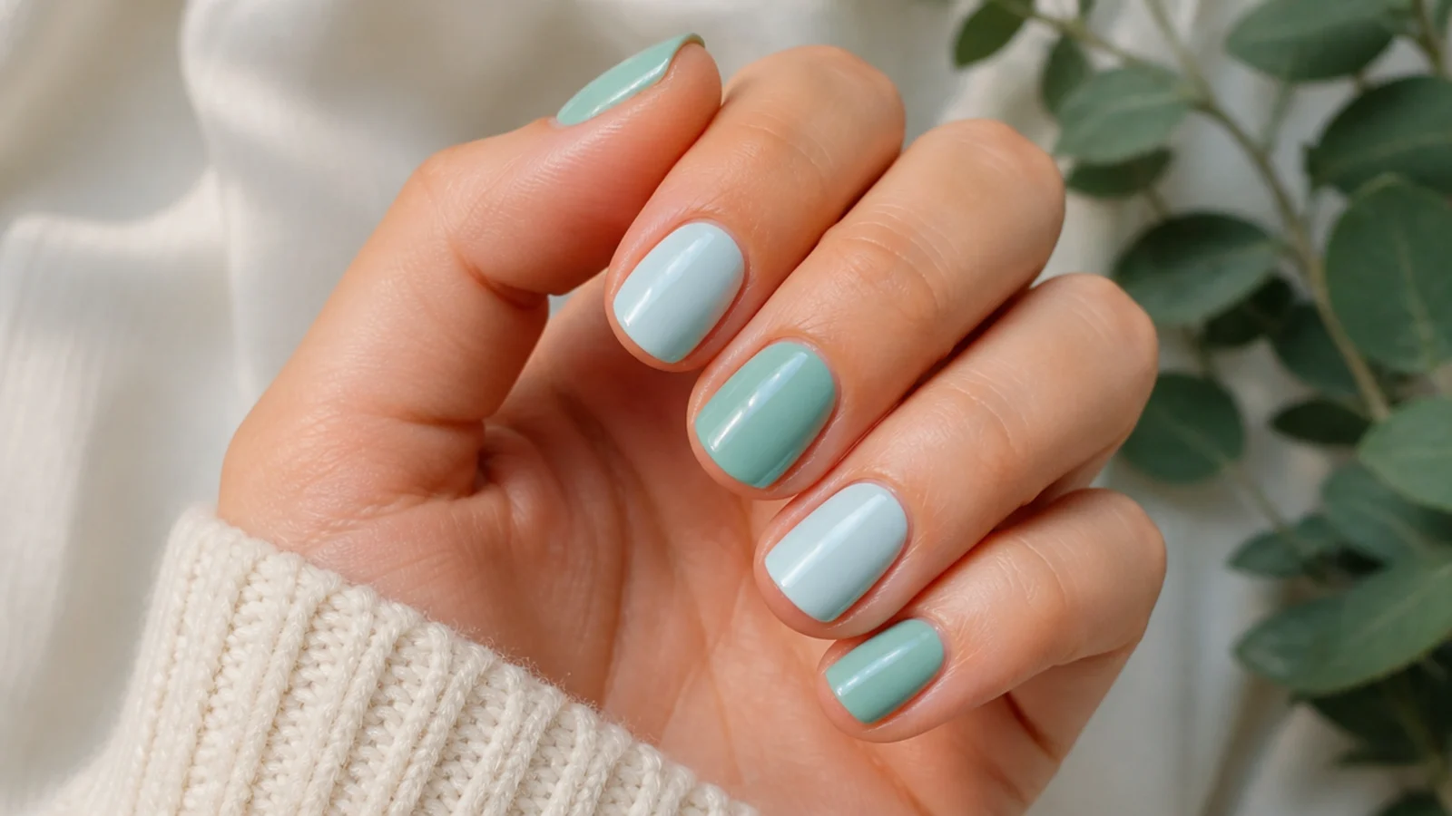Short nails alternating seafoam green and pale ocean blue in a soft pastel set