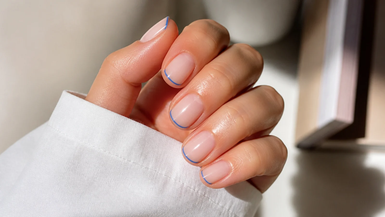 Short nails with a hairline ocean blue micro French tip on a bare natural base
