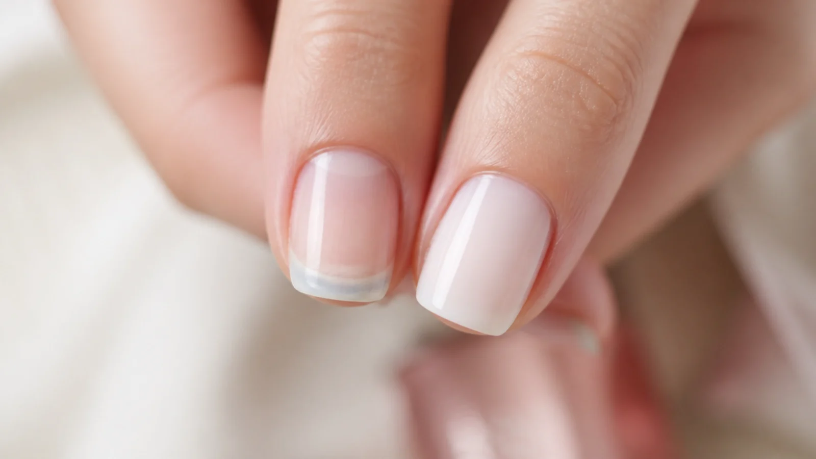 Close-up of a natural nail free edge tinted faint blue after polish removal next to a clean base-coated nail