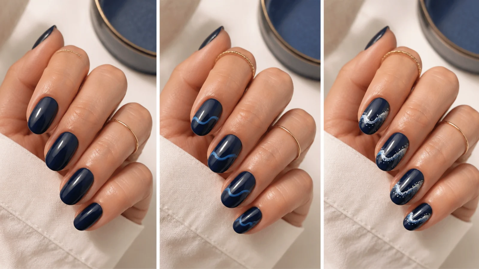 Step layout showing a navy base, a blue wave line drawn with a striping brush, then white foam dotted on
