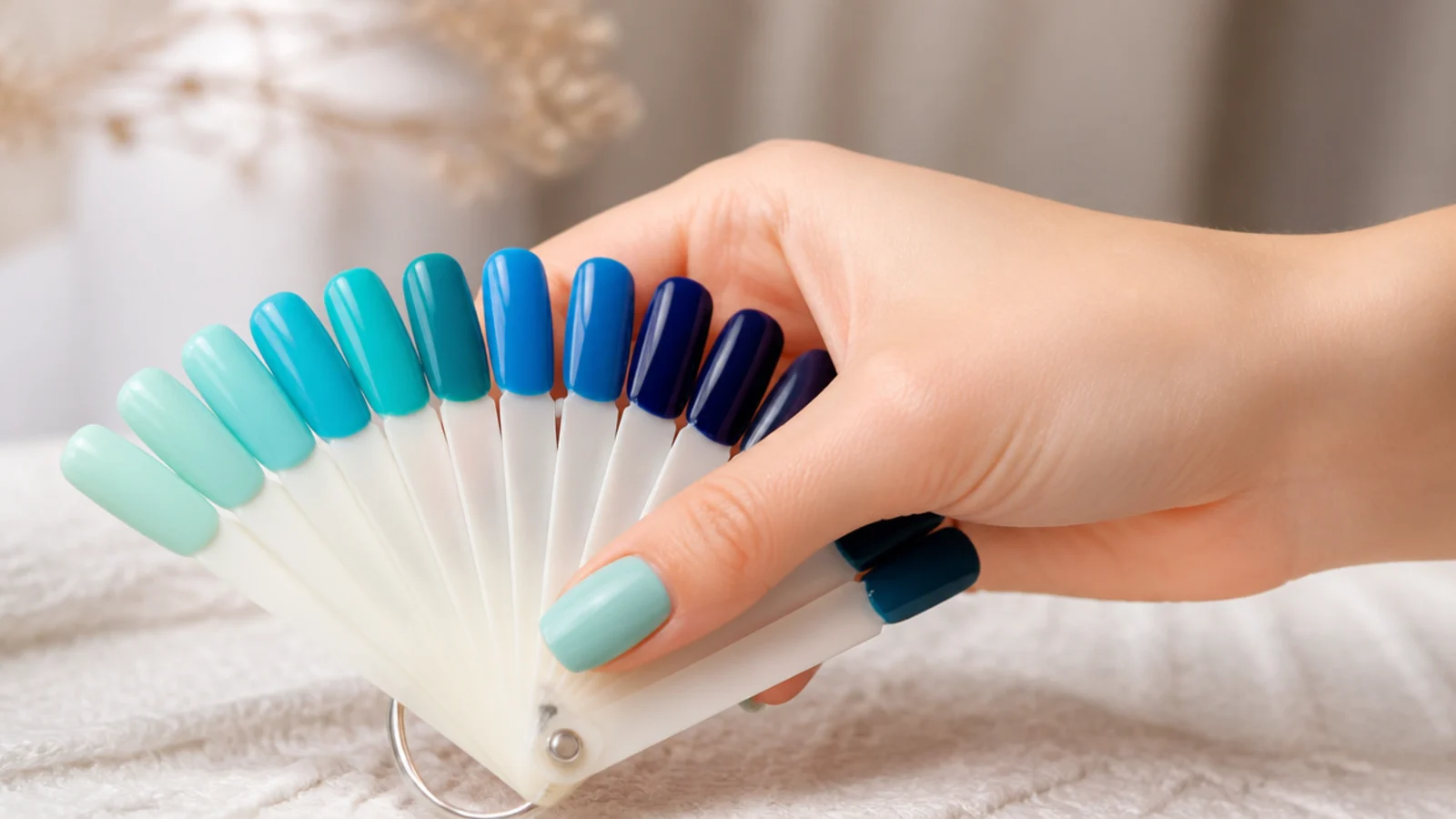 Swatch fan of ocean blues from seafoam and aqua through turquoise, cobalt and deep navy