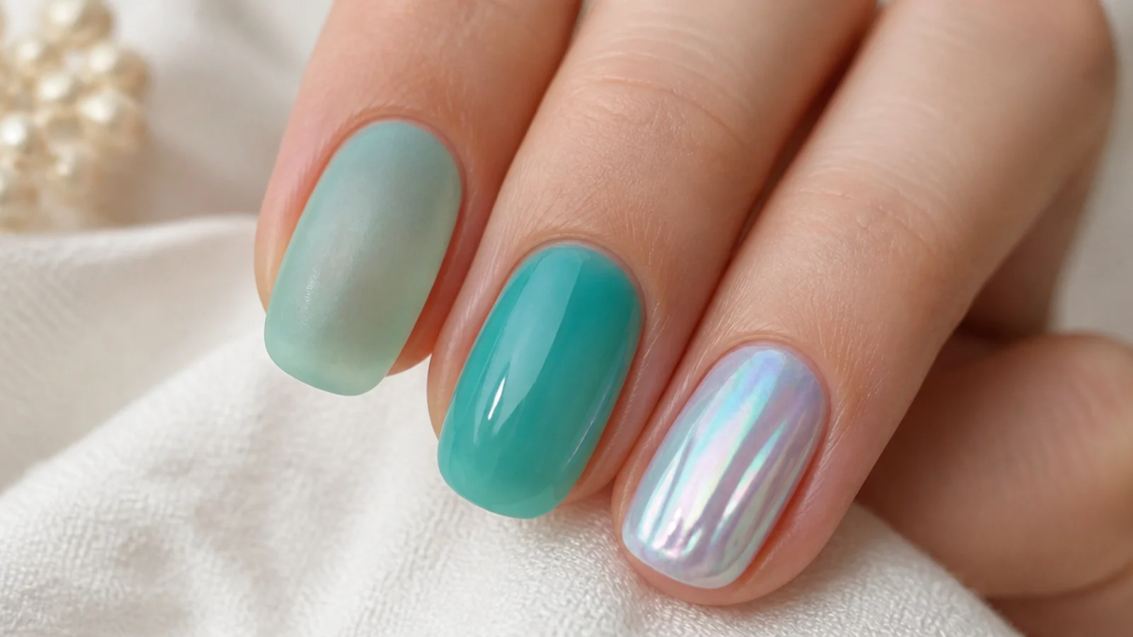 Three nails side by side showing frosted sea glass, glossy turquoise jelly and iridescent mermaid chrome