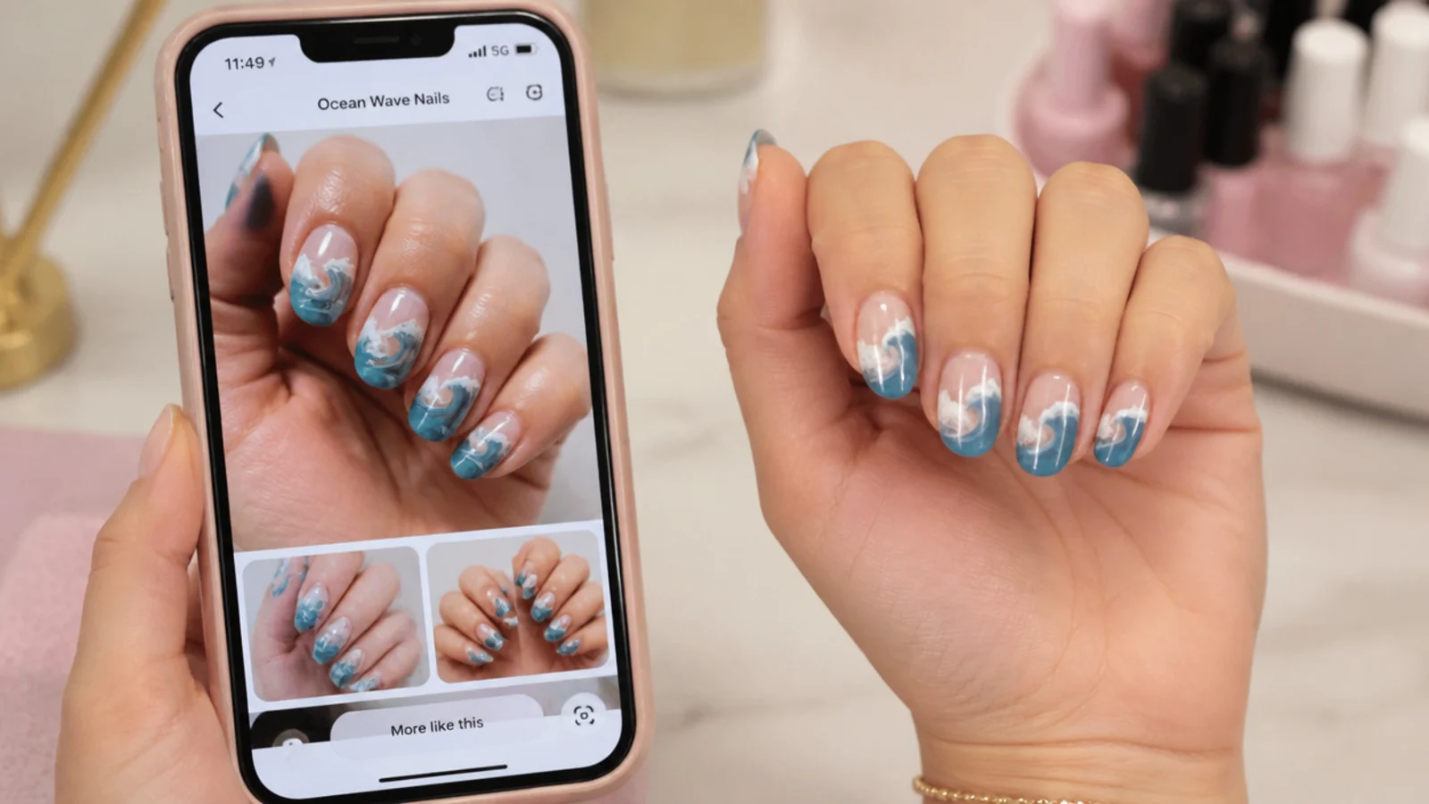 Phone showing ocean wave nail reference photos held beside a hand at a nail salon table