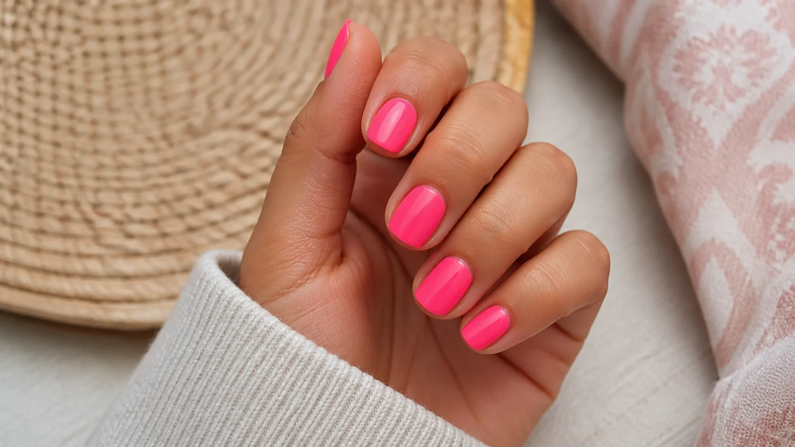 Short round neon pink summer nails glowing bright against a tan hand