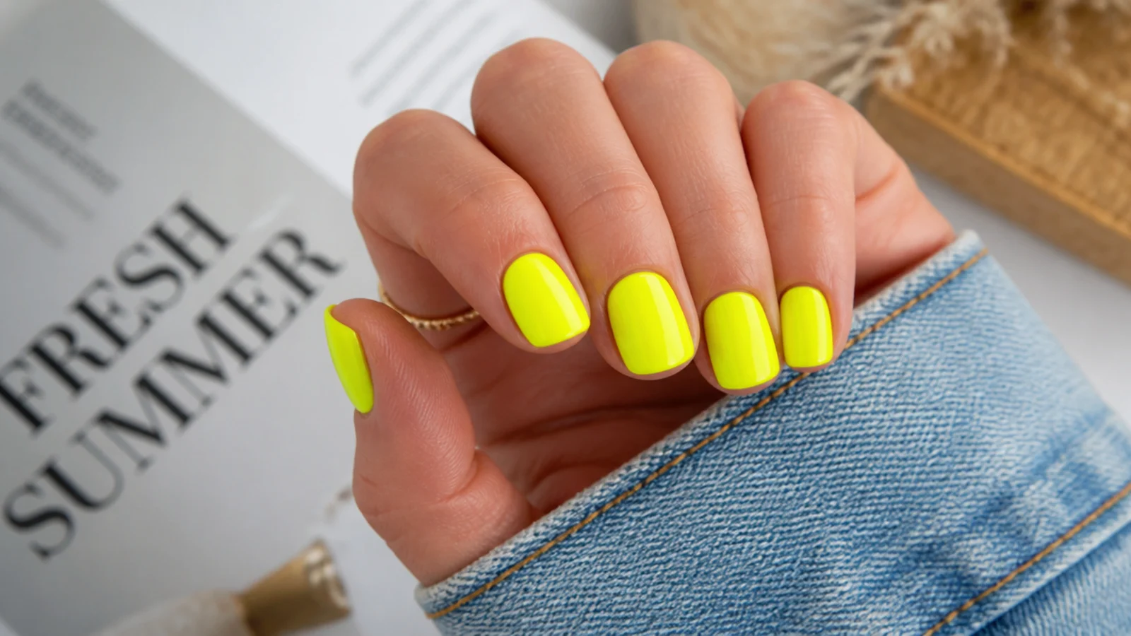 Short square neon highlighter yellow summer nails with a glossy top coat