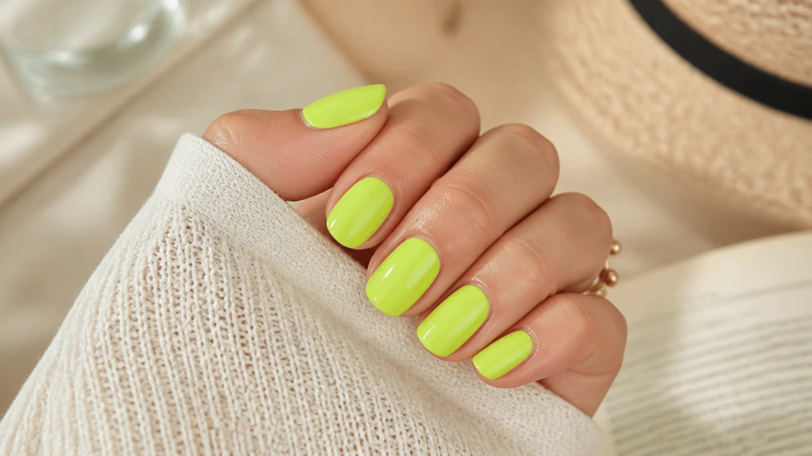 Short almond neon green summer nails in a bright lime gloss