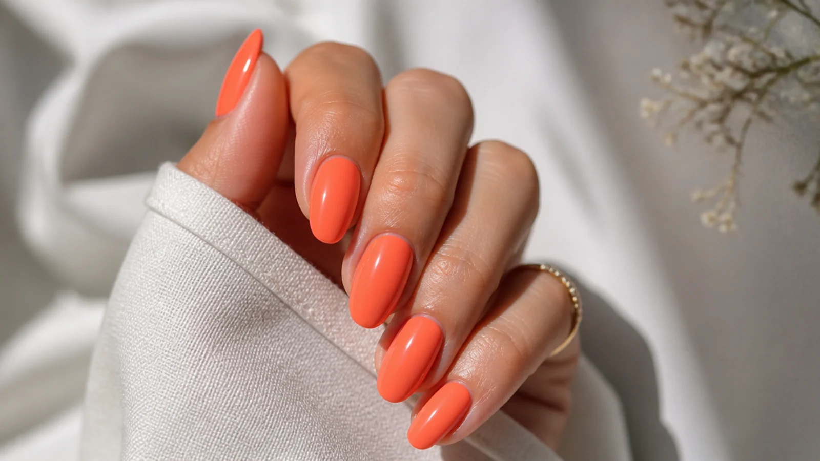 Medium almond coral orange summer nails in a warm creamy finish