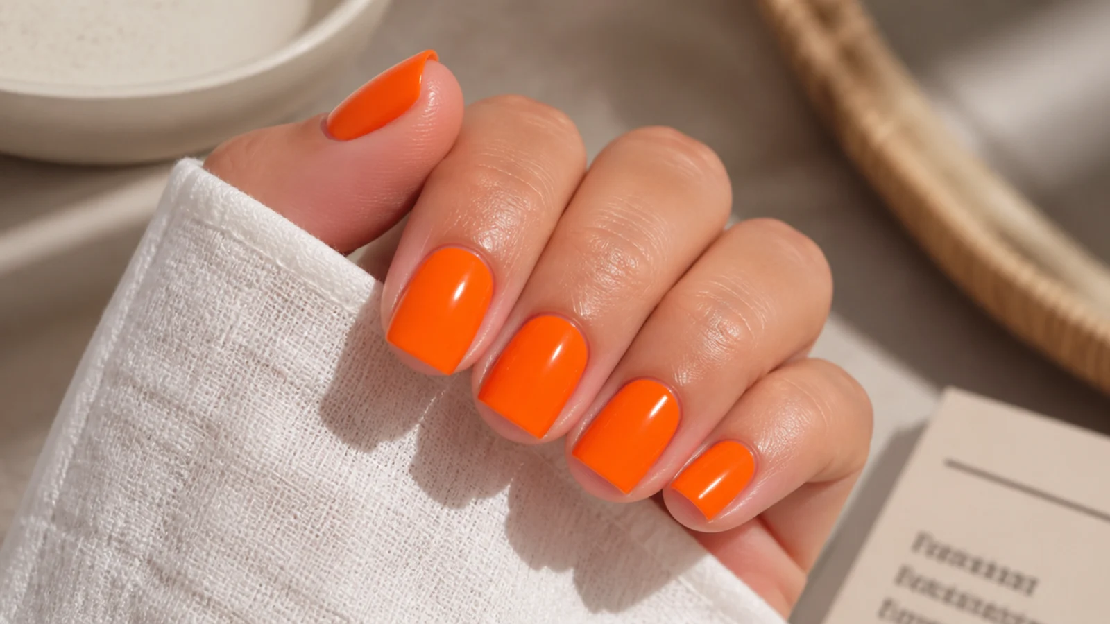 Short square tangerine orange summer nails in a glossy true orange