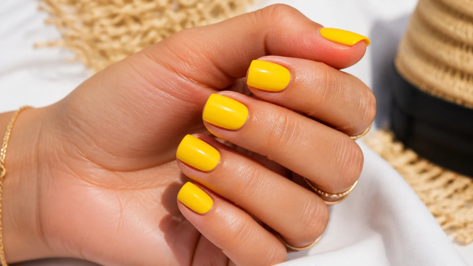 Short square sunshine yellow summer nails in a vivid opaque gloss