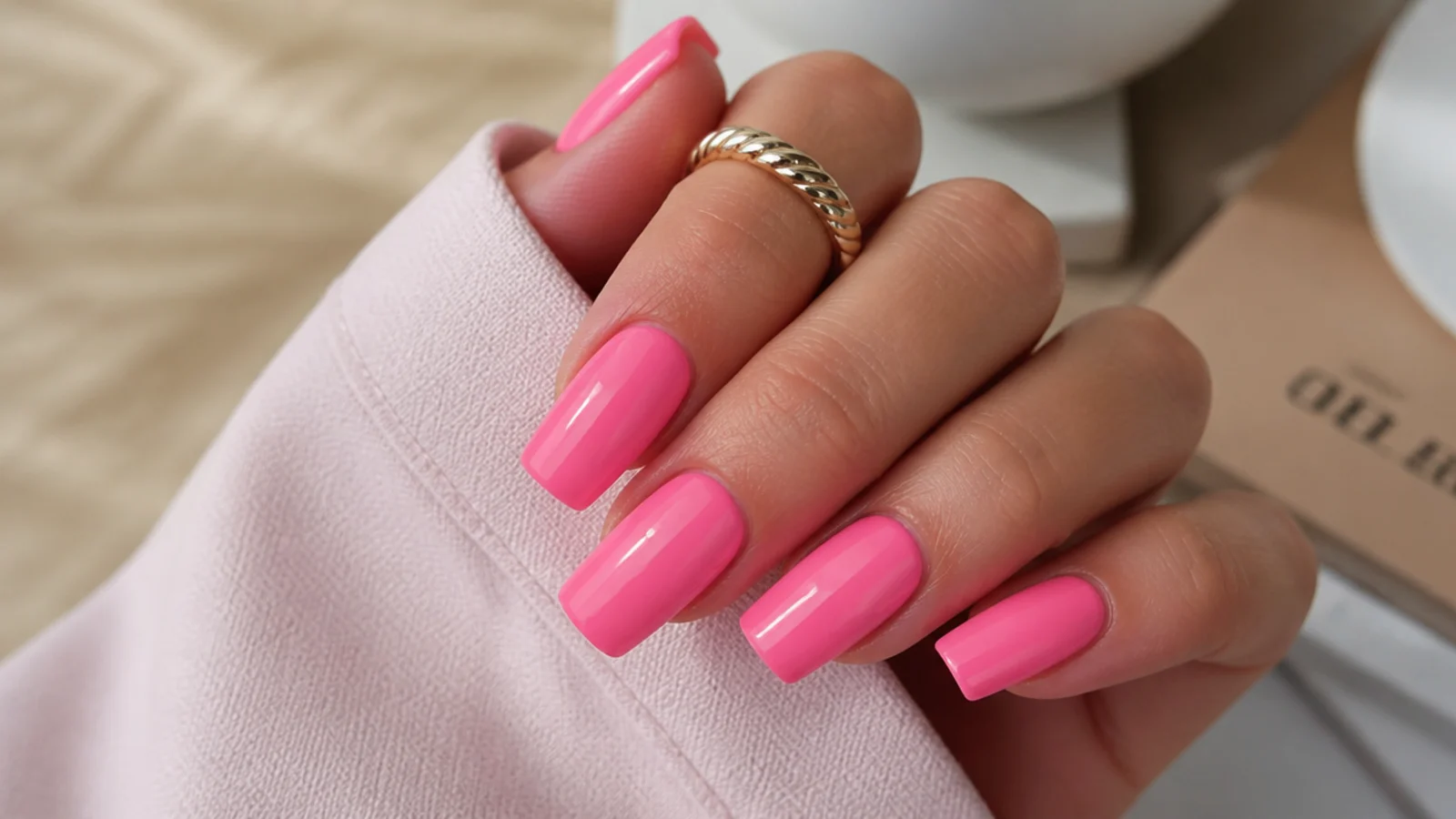 Long square Barbie pink summer nails in a bold opaque bubblegum