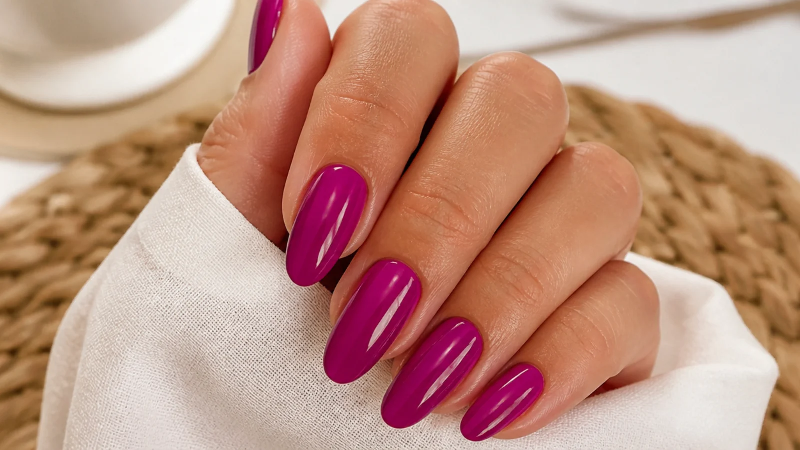 Medium almond magenta summer nails in a deep glossy pink-purple