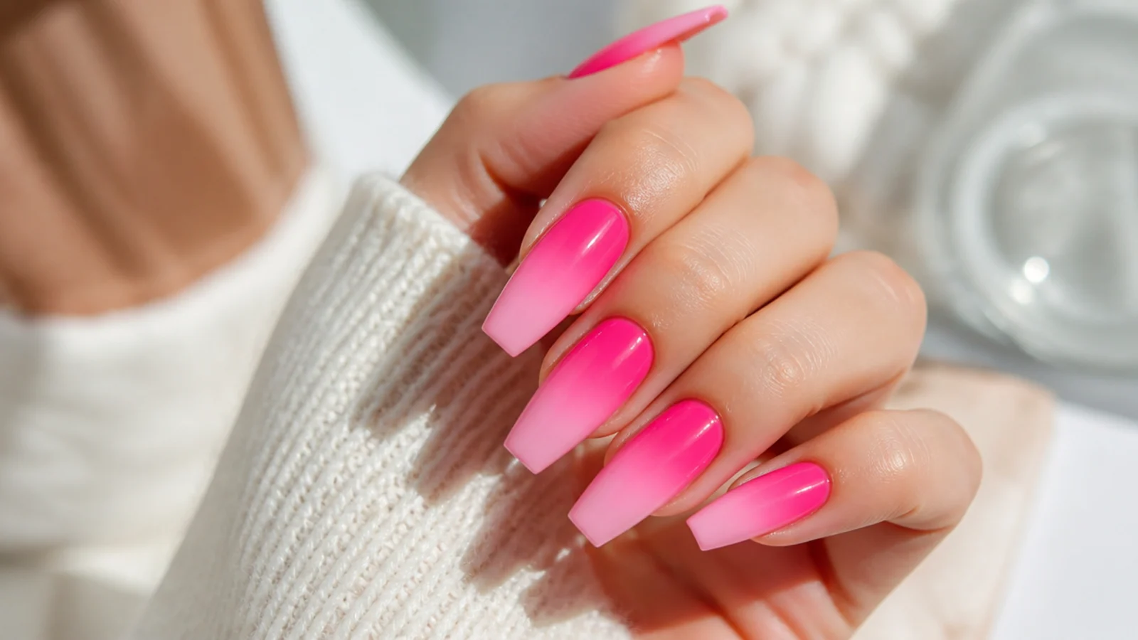 Long coffin fuchsia ombre summer nails fading from hot pink to pale pink