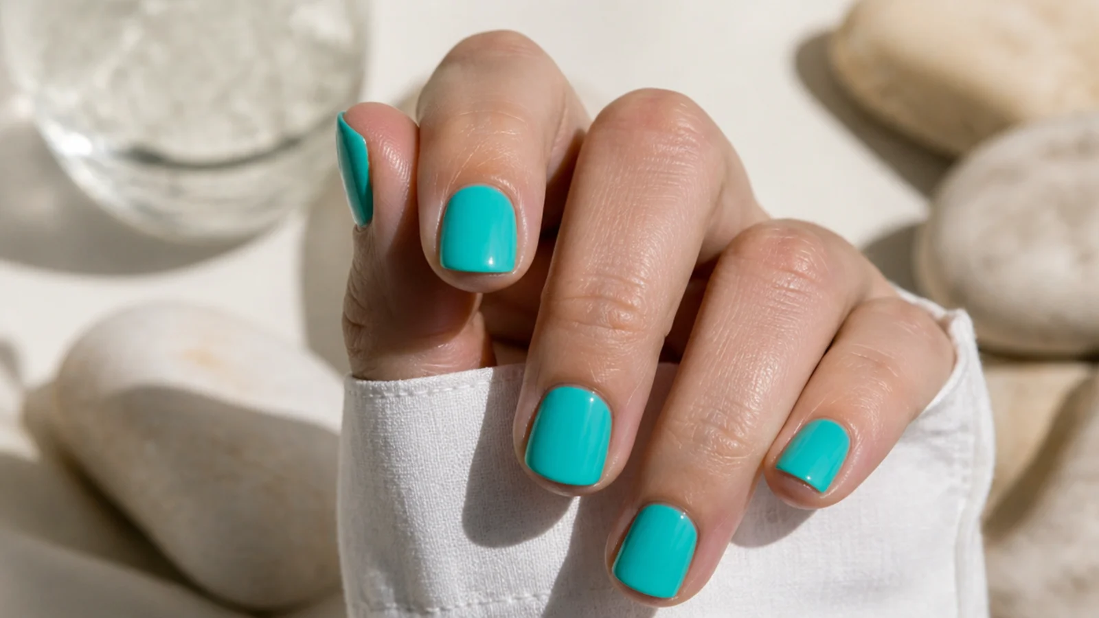 Short square turquoise summer nails in a bright aqua green-blue gloss
