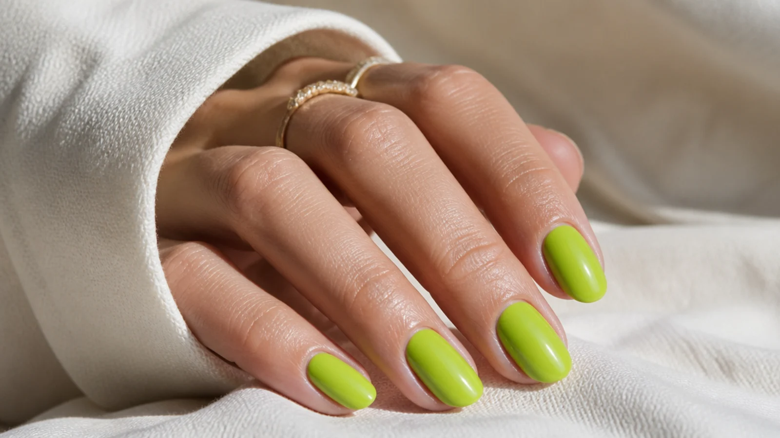 Short almond lime green summer nails in a zesty bright green gloss