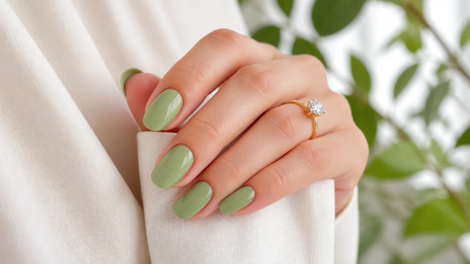 Medium almond matcha green summer nails in a soft muted bright green
