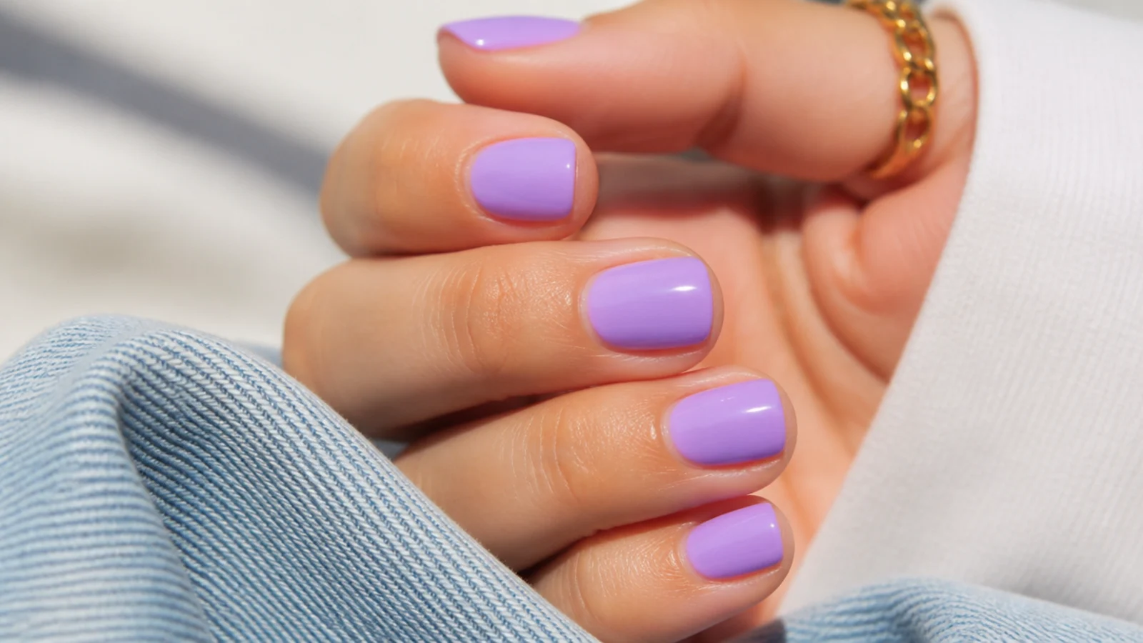 Short square bright lilac summer nails in a saturated pastel purple gloss