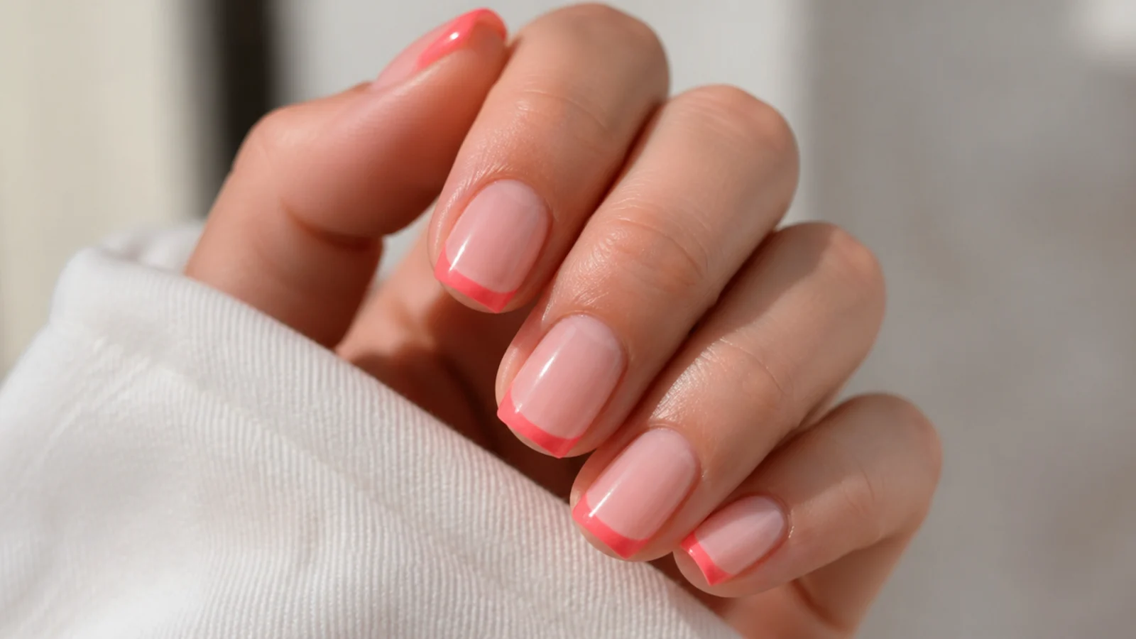 Short square bright coral French tip summer nails on a milky pink base