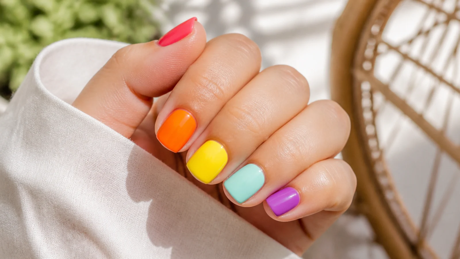 Short square rainbow skittle summer nails with each nail a different bright color