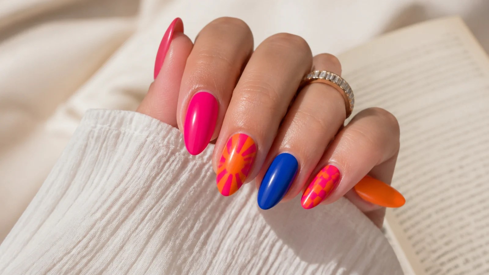 Medium almond mismatched bright summer nails pairing hot pink with tangerine and cobalt
