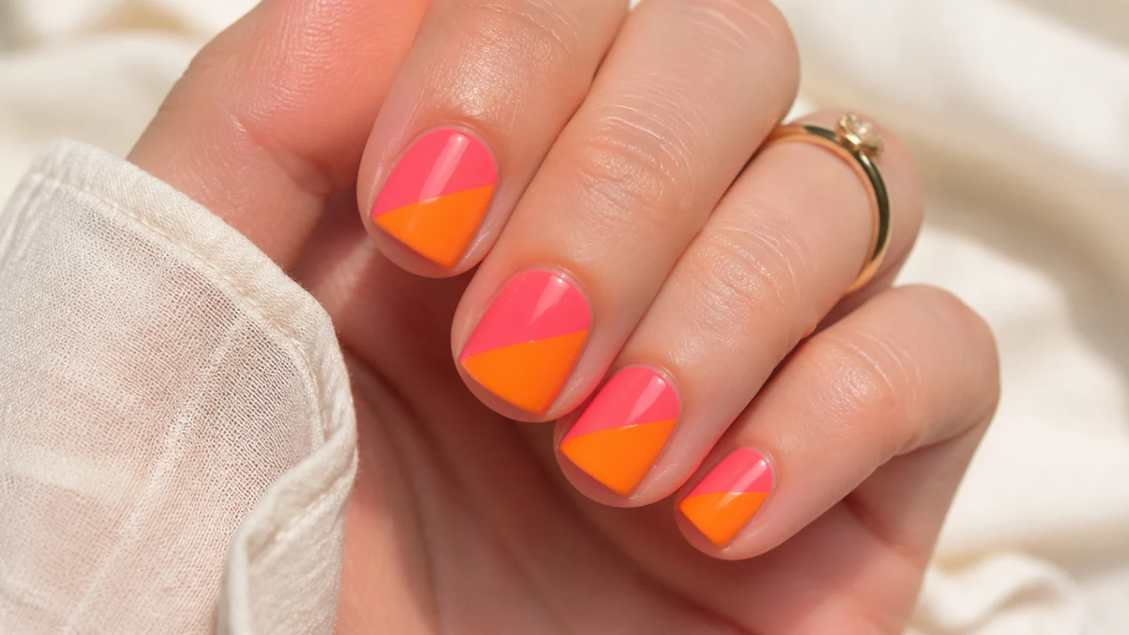 Short square color block bright summer nails with two brights split diagonally per nail