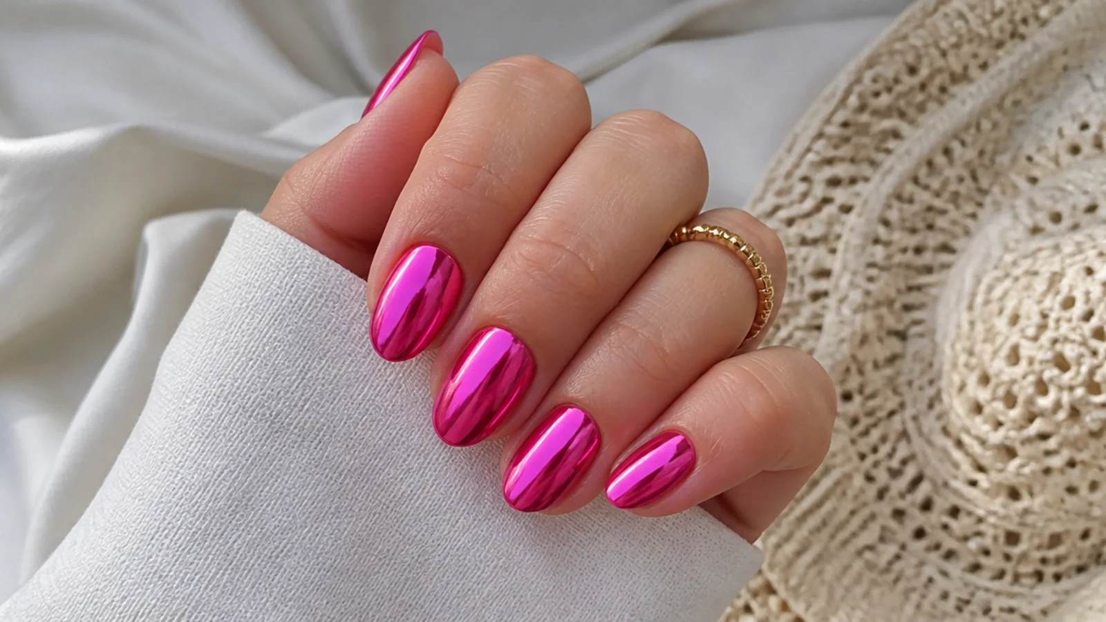 Short almond bright chrome summer nails in a metallic hot pink mirror finish