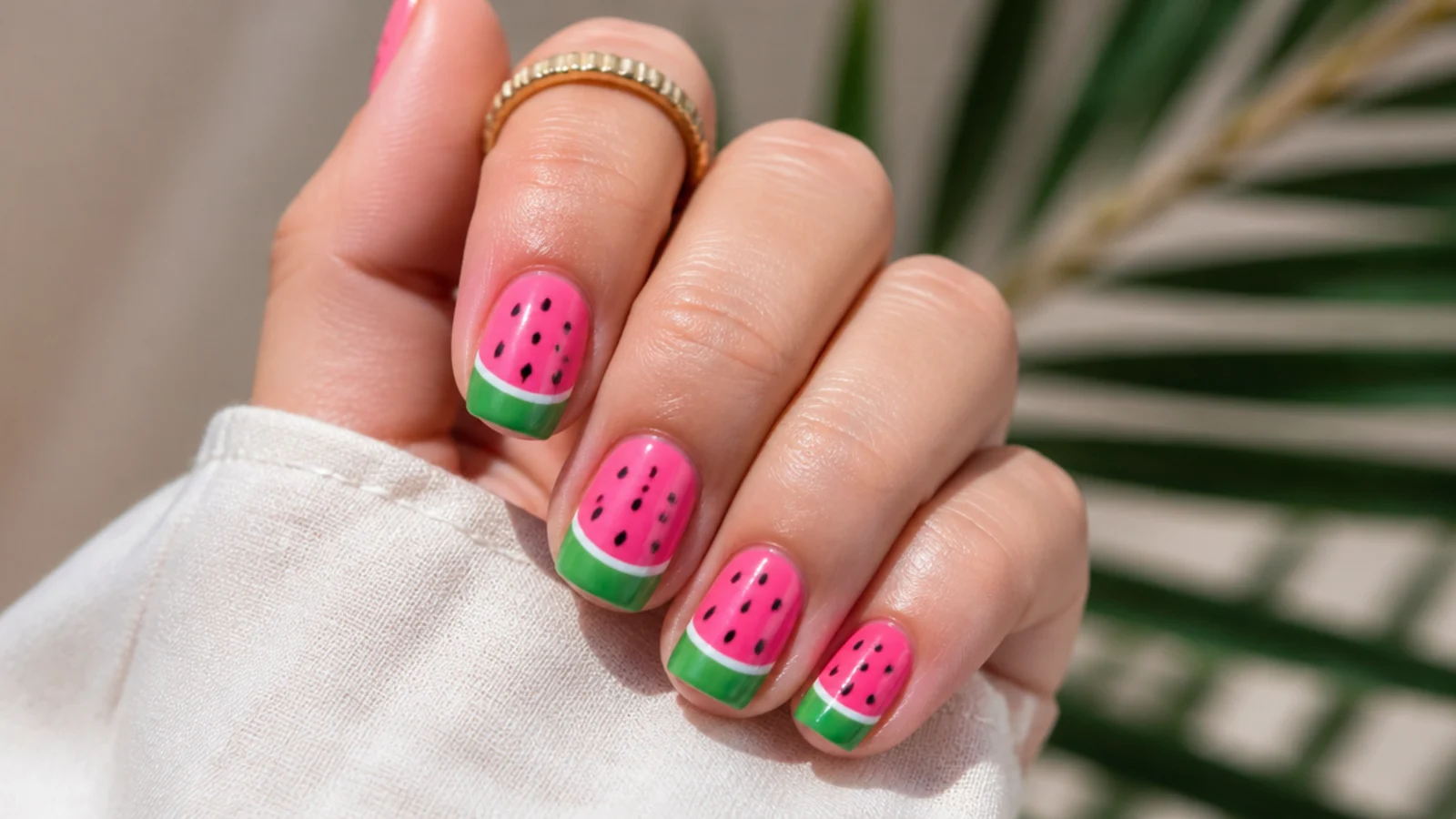 Short square watermelon summer nails with bright pink and green halves and tiny black seeds