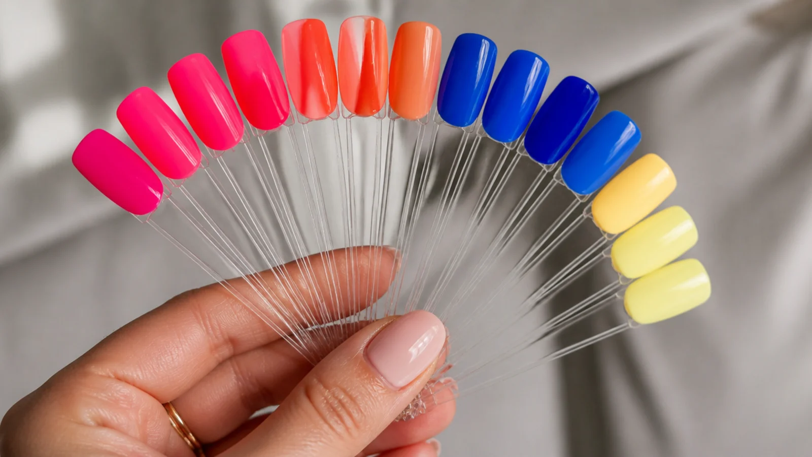 Swatch fan of bright summer nail colors including neon coral, hot pink, cobalt and butter yellow